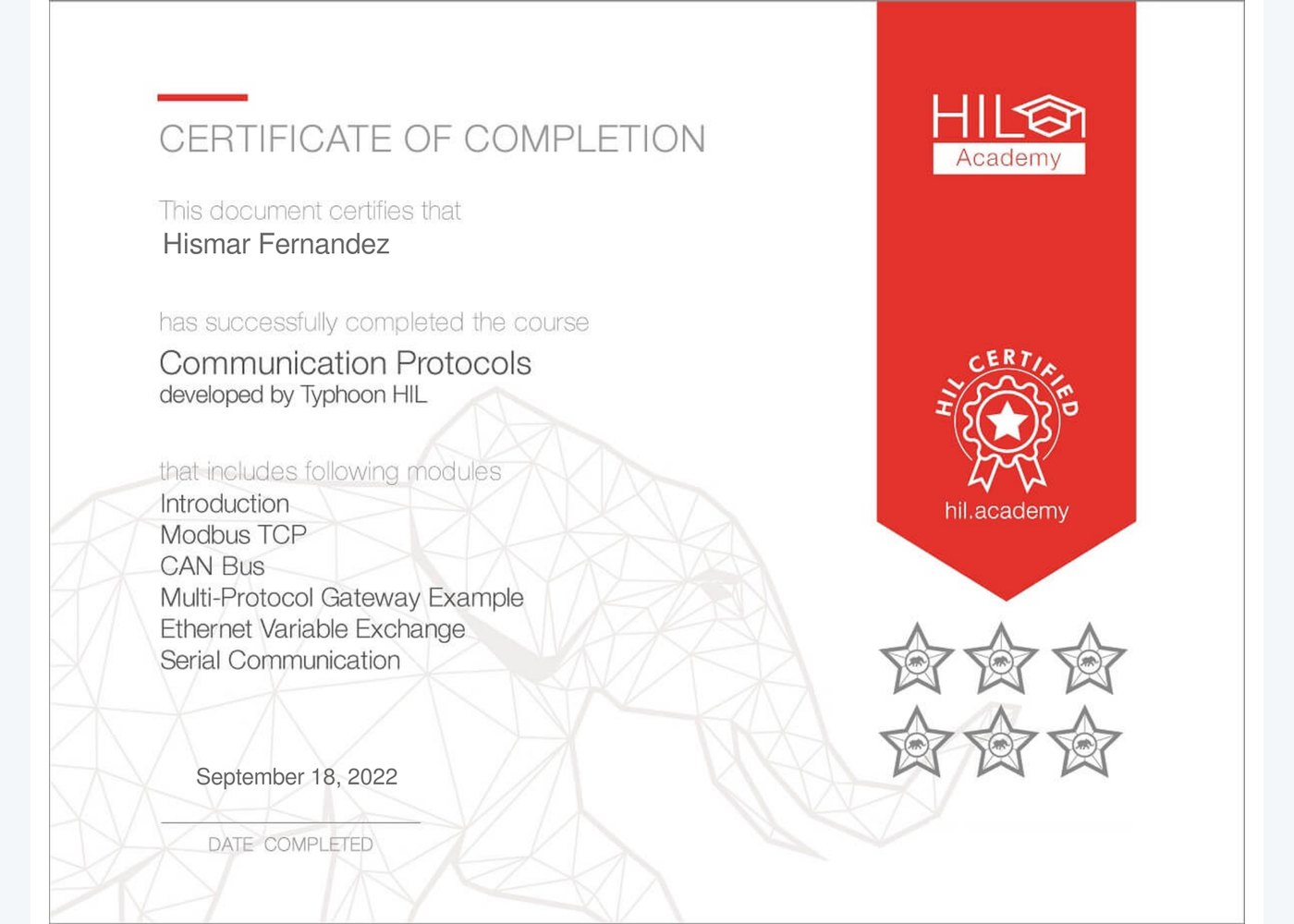 Communication Protocols certificate preview