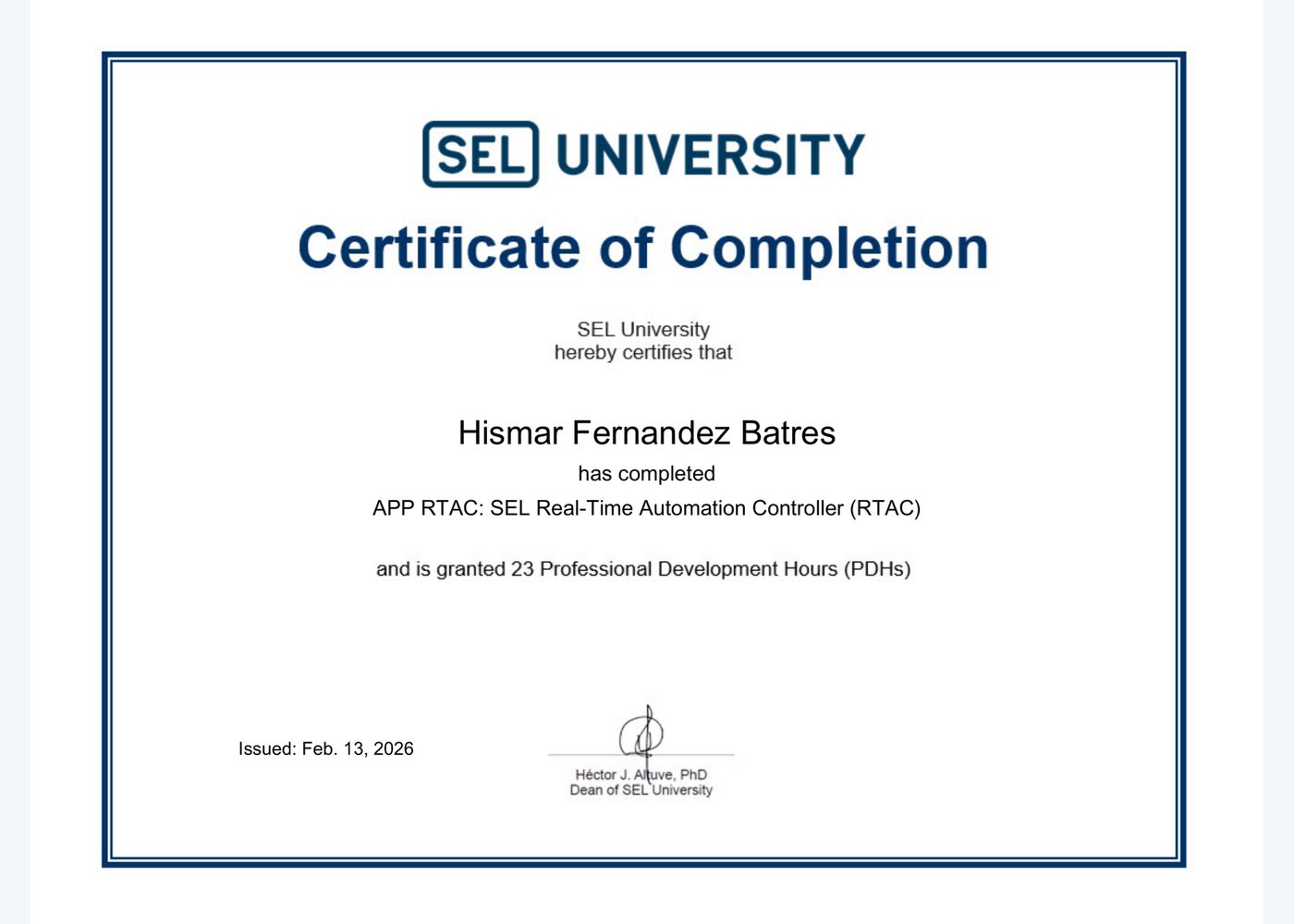 APP RTAC: SEL Real-Time Automation Controller certificate preview
